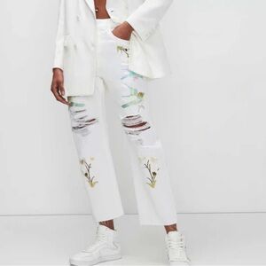 7 for All Mankind Embroidered Easy Straight Ankle-Chamomile Destroy White jeans